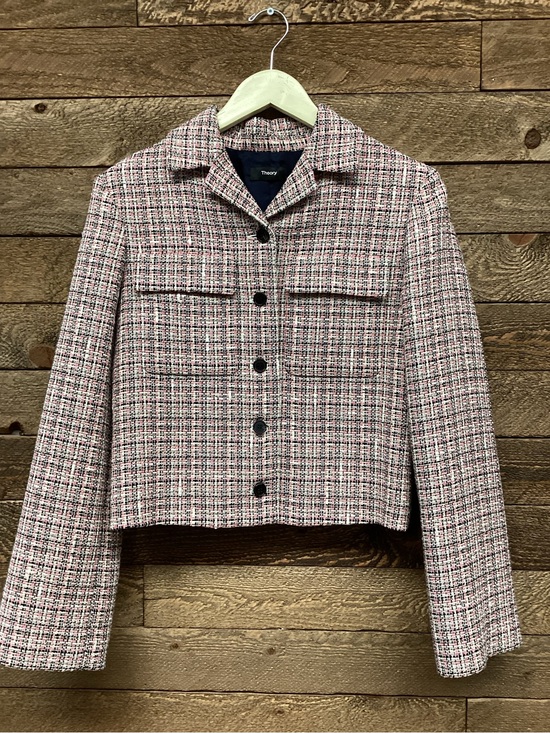 Theory Jackets & Blazers - Theory Pink & White Tweed Cropped Blazer